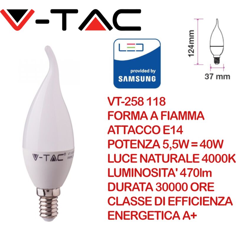 Image of V-tac pro VT-258 Lampadina led Chip Samsung E14 5,5W Candela a Fiamma Bianco naturale - 4000K