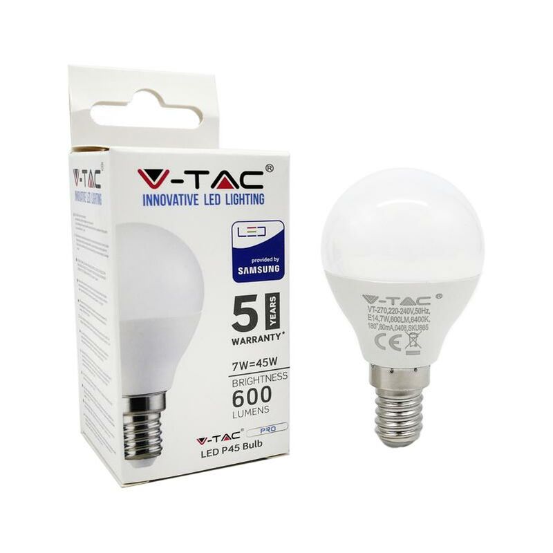 V-tac - Lampada a Led E14 P45 7W 600LM Bianco Freddo 6000K Forma Sfera Bulbo Pallina SKU-865