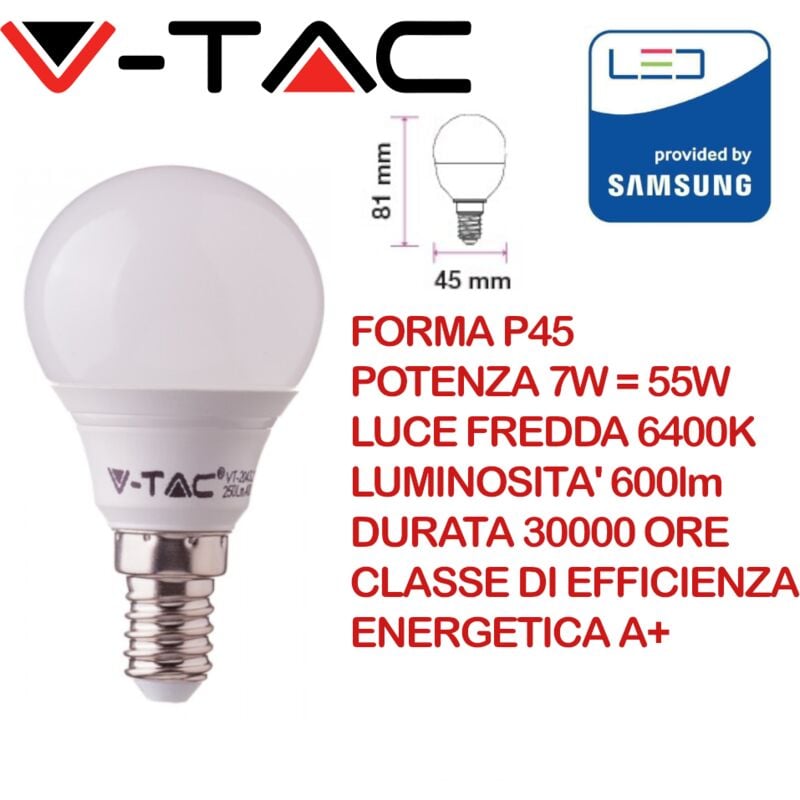 V-tac - pro VT-270 Lampadina led Chip Samsung E14 7W P45 Bianco freddo - 6000K