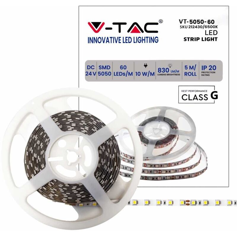 Bande led V-tac SMD5050 10 W/m 5 m 60 LED/m 24 v Blanc froid IP20 10 mm Bande led V-tac SMD5050 10 W/m 5 m 60 LED/m 24 v Blanc froid IP20 10 mm