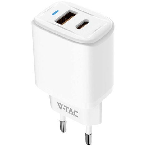 V-TAC VT-3530 Caricabatterie adattatore da viaggio USB 20W 1 PD+1 QC Bianco - 23580