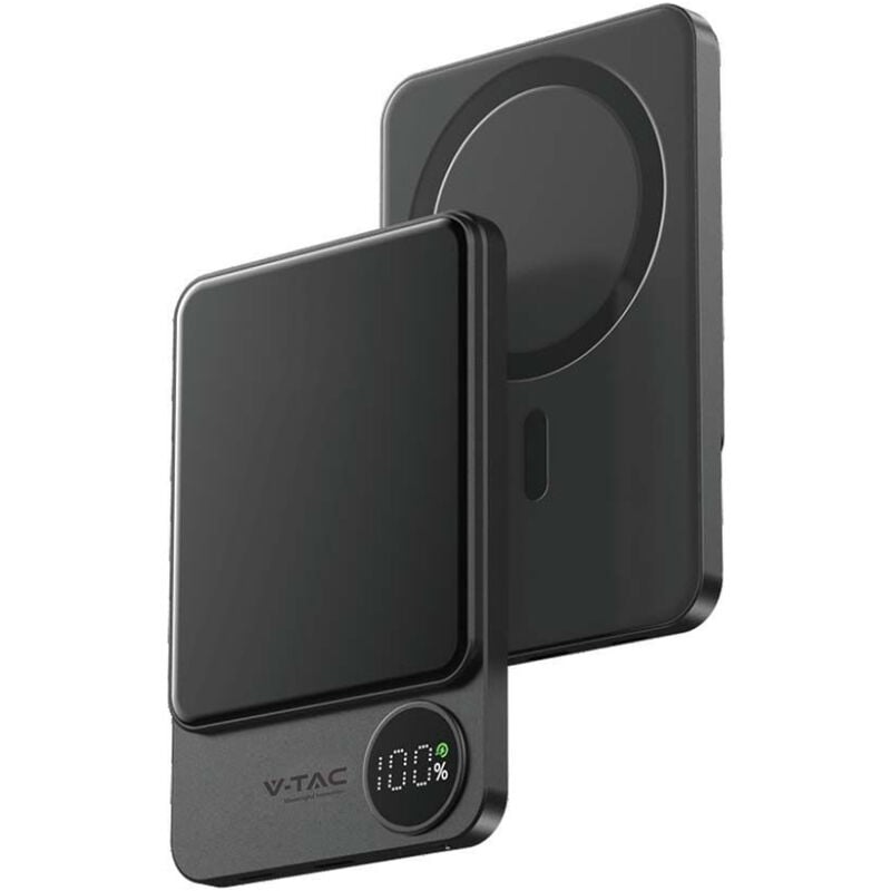 V-tac - Power Bank 5 000 mAh MagSafe Ultra Slim 9mm Aluminium Alloy Magnetic Power Bank with Display and Wireless Charging Couleur Grey (Power Bank 5