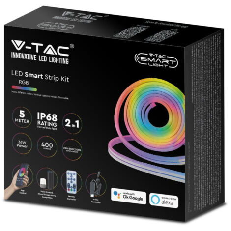 V-TAC VT-5050 60 WiFi-LED-Streifen-Kit, flexibler Neon-Flex-Streifen RGB IP68 Smart App Alexa und Google mit Fernbedienung 5MT – 3005