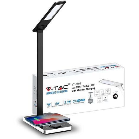 V-TAC VT-7505 Lampada da tavolo LED 7W multifunzione colore luce 3in1 dimmerabile con base ricarica wireless corpo nero - SKU 218602