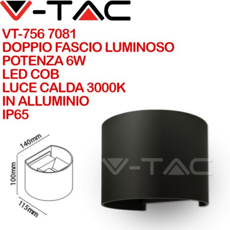 V-TAC VT-756 7081 Lampada LED da Muro Arrotondata Doppio LED COB 6W Colore Nero Satinato Fascio Luminoso Regolabile 3000K IP65