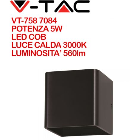 V-TAC VT-758 7084 Lampada LED da Muro Quadrata LED COB 5W Colore Nero Satinato Fascio Luminoso Superiore e Inferiore 3000K IP20