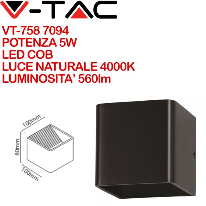 Image of VT-758 7094 Lampada led da Muro Quadrata led cob 5W Colore Nero Satinato Fascio Luminoso Superiore e Inferiore 4000K IP20 - V-tac