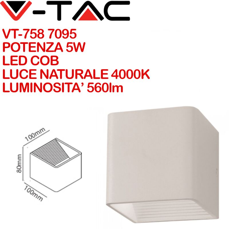 Image of VT-758 7095 Lampada led da Muro Quadrata led cob 5W Colore Bianco Satinato Fascio Luminoso Superiore e Inferiore 4000K IP20 - V-tac
