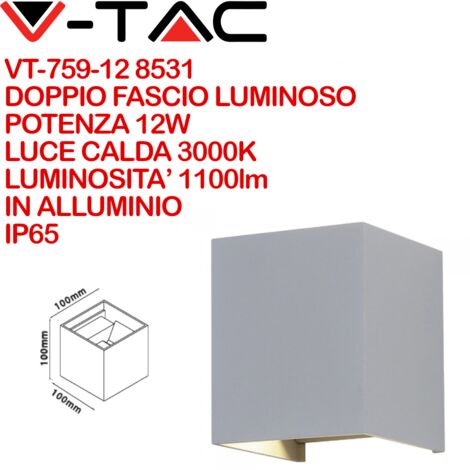 V-TAC VT-759-12 8531 Lampada LED da Muro Quadrata Doppio LED COB 12W Colore Grigio Satinato Fascio Luminoso Regolabile 3000K IP65