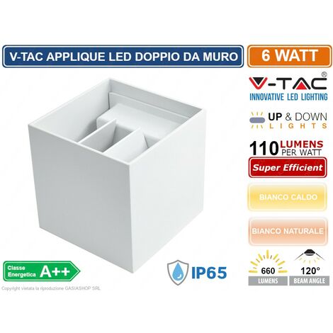 V-TAC VT-759 LAMPADA DA MURO WALL LIGHT BIANCA CON DOPPIO LED COB 6W IP65 - SKU 7079 / 7088 - Colore Luce: Bianco Naturale