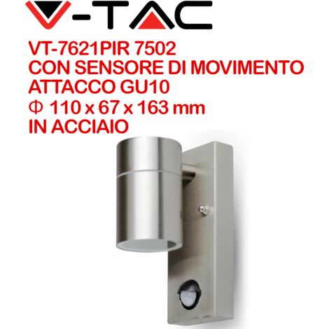 V-TAC VT-7621PIR 7502 Portafaretto LED da Muro GU10 (Max 35W) con Sensore PIR Colore Metallico IP44