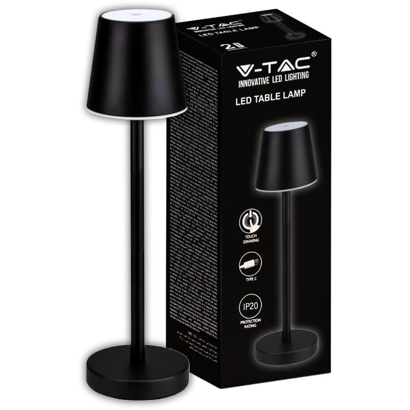 V-tac - Lampe de table led 3W alimentée par batterie rechargeable couleur noire usb c Tactile Dimmable 3000K lampe de table de restaurant intérieur