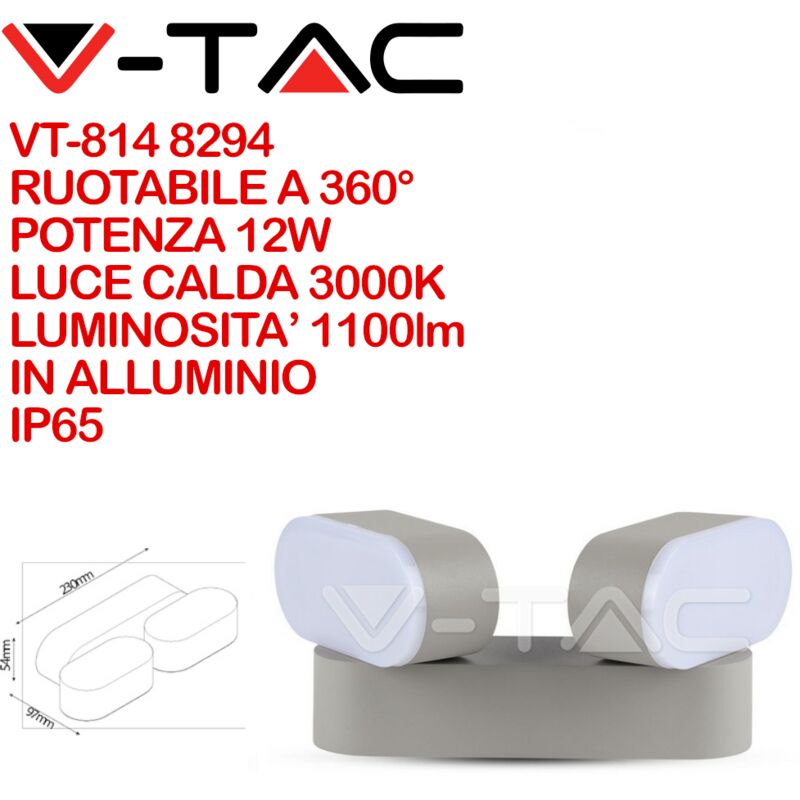 Image of V-tac - VT-814 8294 Lampada led da Muro Ovale 12W Colore Grigio con Doppia Testa Ruotabile 3000K IP65