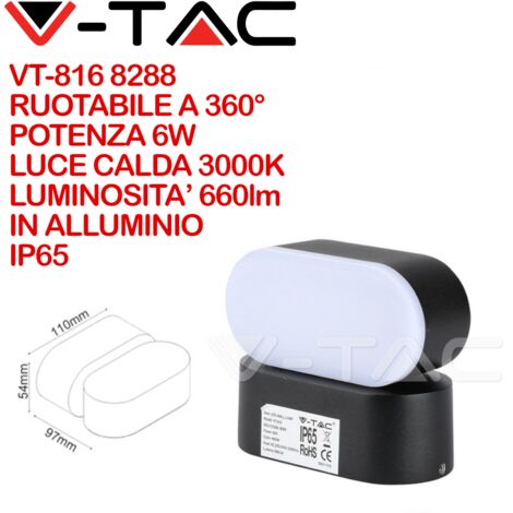 V-TAC VT-816 8288 Lampada LED da Muro Ovale 6W Colore Nero con Testa Ruotabile 3000K IP65
