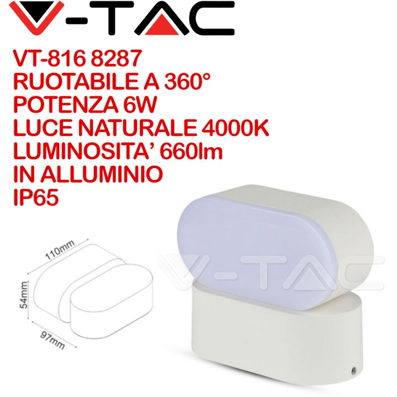 Image of V-tac - VT-816 8287 Lampada led da Muro Ovale 6W Colore Bianco con Testa Ruotabile 4000K IP65
