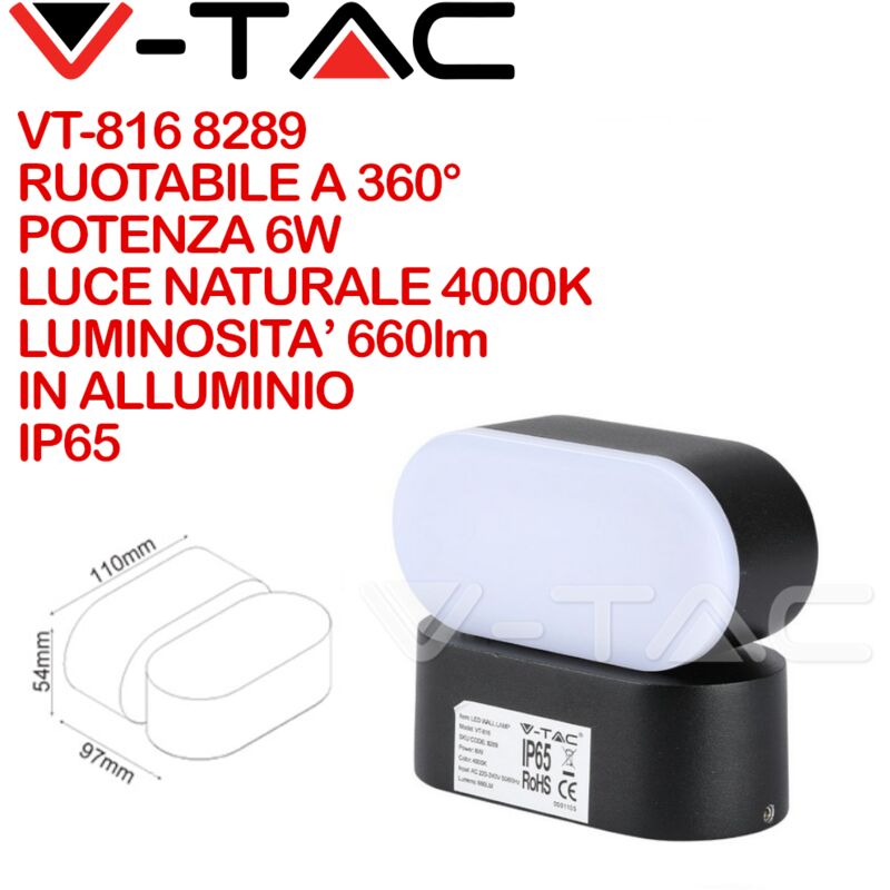 Image of V-tac - VT-816 8289 Lampada led da Muro Ovale 6W Colore Nero con Testa Ruotabile 4000K IP65