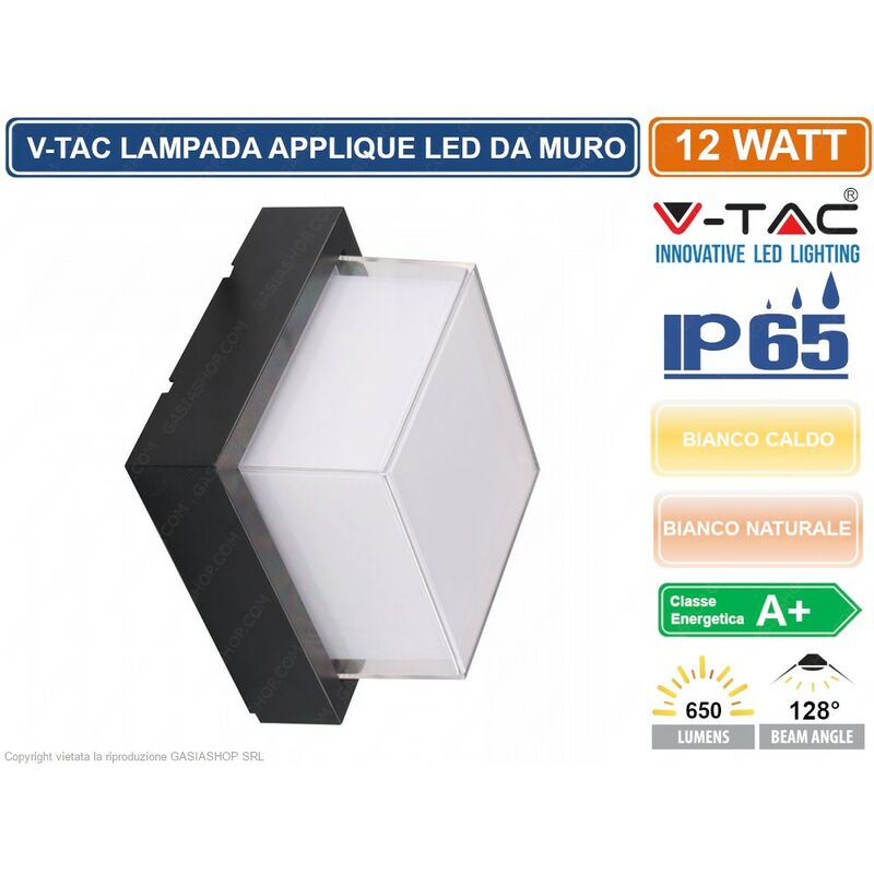 Image of V-TAC VT-828 LAMPADA LED DA MURO 12W WALL LIGHT COLORE NERO FORMA QUADRATA - SKU 8543 / 8544 - Colore Luce: Bianco Naturale