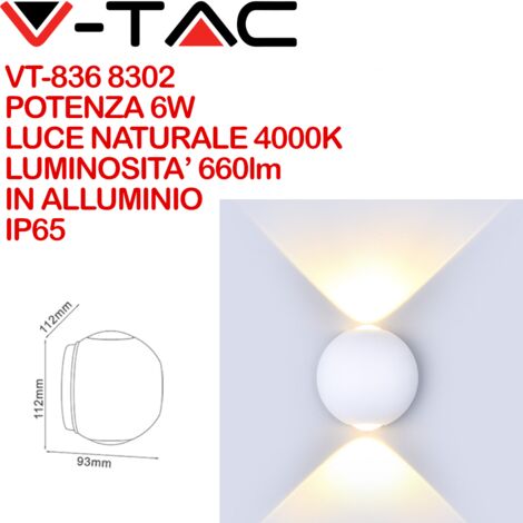 V-TAC VT-836 8302 Lampada LED da Muro Sferica 6W Doppio Fascio Luminoso Colore Bianco 4000K IP65