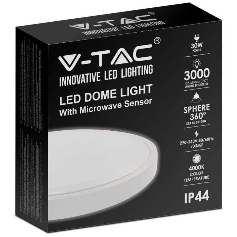 V-TAC VT-8630S-W-RD plafonnier led 30W micro-onde intégré détecteur de mouvement IP44 rond blanc 360° 4000K - sku 7665 V-TAC VT-8630S-W-RD plafonnier led 30W micro-onde intégré détecteur de mouvement IP44 rond blanc 360° 4000K - sku 7665