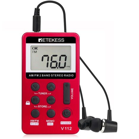 V112 Mini Radio Portatile, Radio Portatile Tascabile, FM AM, Mini Walkman Ricaricabile, Sveglia, Jack per Cuffie da 3,5 mm, Esterno, Adatto per Corsa, Escursionismo, Campeggio (Rosso)
