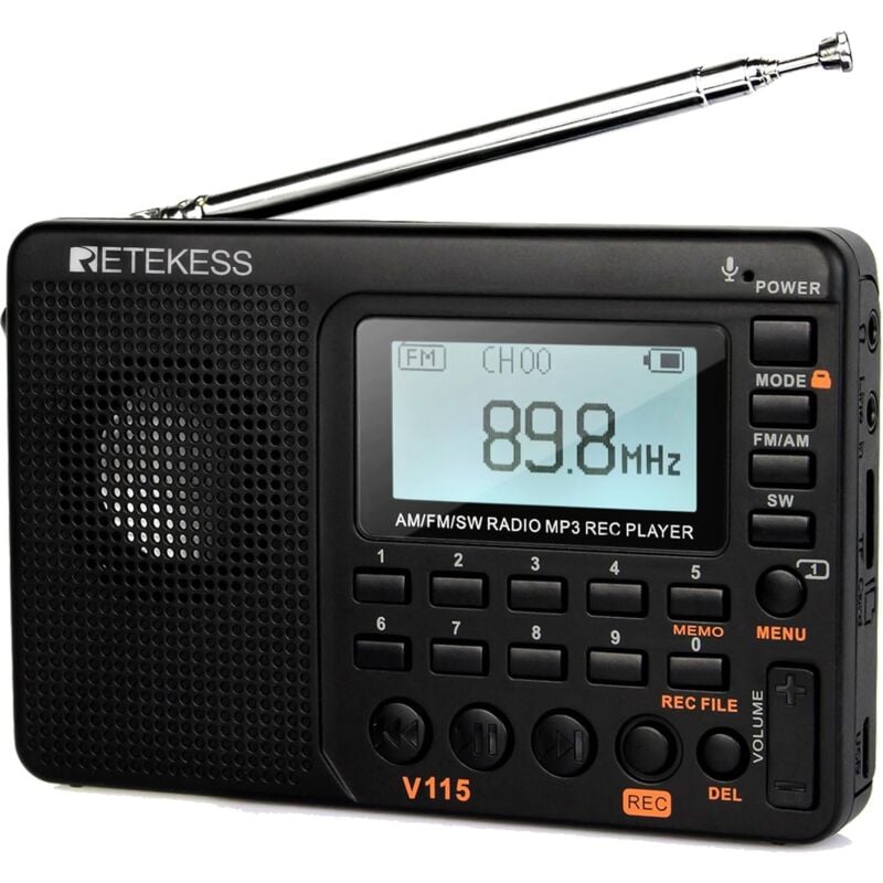 V115 Radio Portable,Petite Radio Rechargeable,FM AM SW, Piles et Secteur,Carte TF,Enregistreur, MP3,Minuterie de Sommeil,Salle de Bain,Cuisine(Noir)