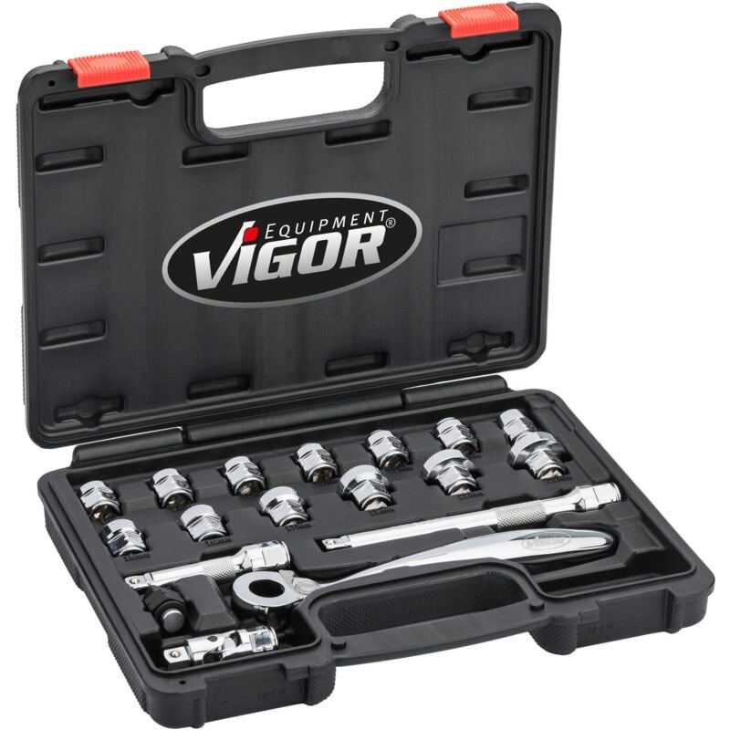 Jeu de clés à douilles ∙ extra plates ∙ V6202 ∙ Carré creux 3/8 pouce (10 mm) ∙ Profil à 6 pans extérieurs ∙ 18 pièces ∙ 8 – 22 ∙ Nombre d'outils : 18