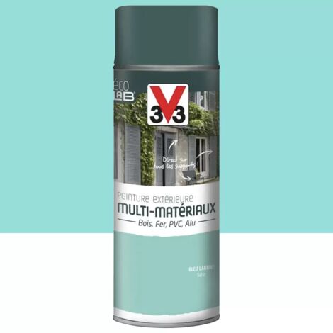 V33 – Bombe de peinture aérosol extérieure multi-matériaux satin bleu lagune 0,4 L – Résistante aux chocs et intempéries – Application directe sur bois, fer, PVC, alu