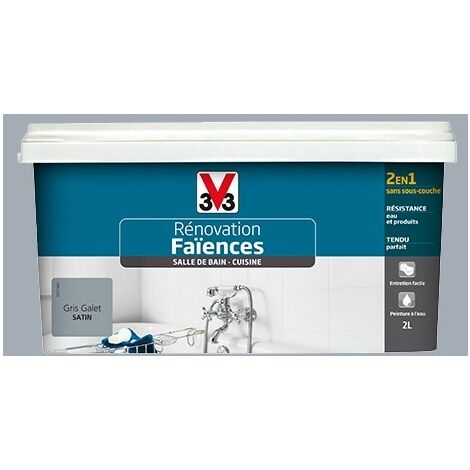V33 – Peinture acrylique rénovation faïences salle de bain – Gris galet satin – Application directe sans sous-couche – Résistante à l'humidité