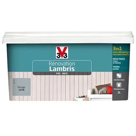 V33 – Peinture acrylique rénovation lambris PVC et bois – Satin nuage 2 L – Application sans décapage – Résistance taches et chocs