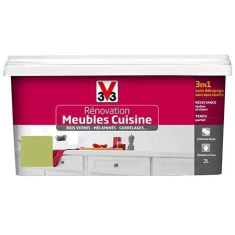 V33 – Peinture acrylique rénovation meubles cuisine – Satin absinthe 2 L – Résistante aux tâches et chocs – Application sans sous-couche