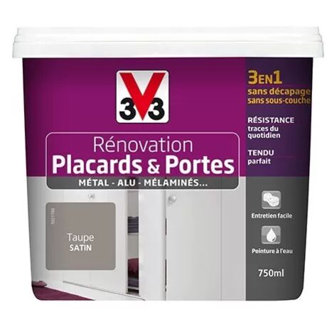 V33 – Peinture acrylique rénovation placards et portes – Satin taupe 0,75 L – Application sans sous-couche – Haute résistance aux traces