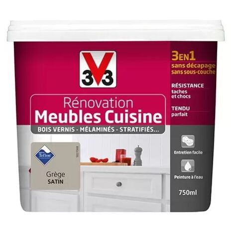 V33 – Peinture acrylique satin grège 0,75 L – Rénovation meubles cuisine – Résistante aux tâches et chocs – Application sans sous-couche