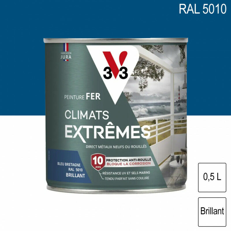 V33 – Peinture fer Climats Extrêmes 0,5L – Résistance anti-corrosion – Application directe sur rouille – Couleur RAL 5010 Bleu bretagne brillant