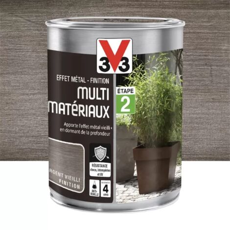 V33 – Peinture extérieure effet métal argent vieilli 0,25 L – Résistante aux chocs et intempéries – Protection contre la rouille – Finition durable