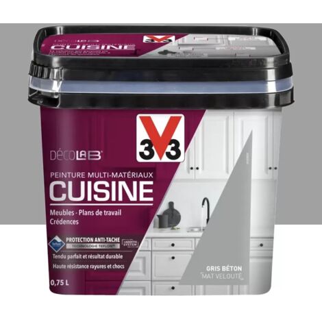 V33 – Peinture multi-matériaux antitache et antichoc pour cuisine – Gris béton mat velouté – 0,75 L pour surfaces modernes