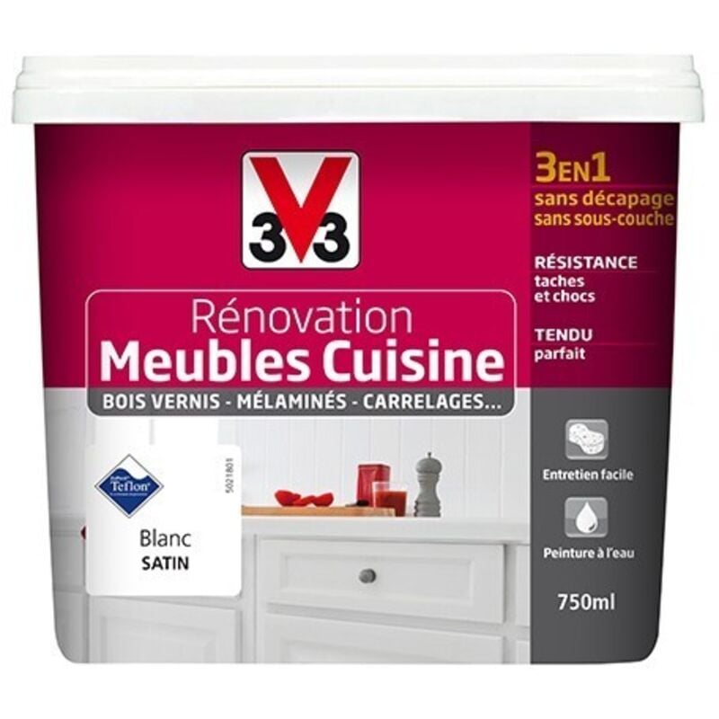 Rénovation Meubles Cuisine (Bois vernis-Mélaminés-Stratifiés) Satin Blanc 0,75 l - V33