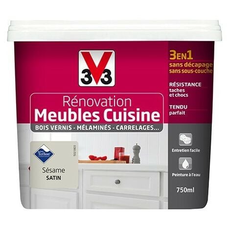 V33 Rénovation Meubles Cuisine (Bois vernis-Mélaminés-Stratifiés) Satin Sésame 0,75 L