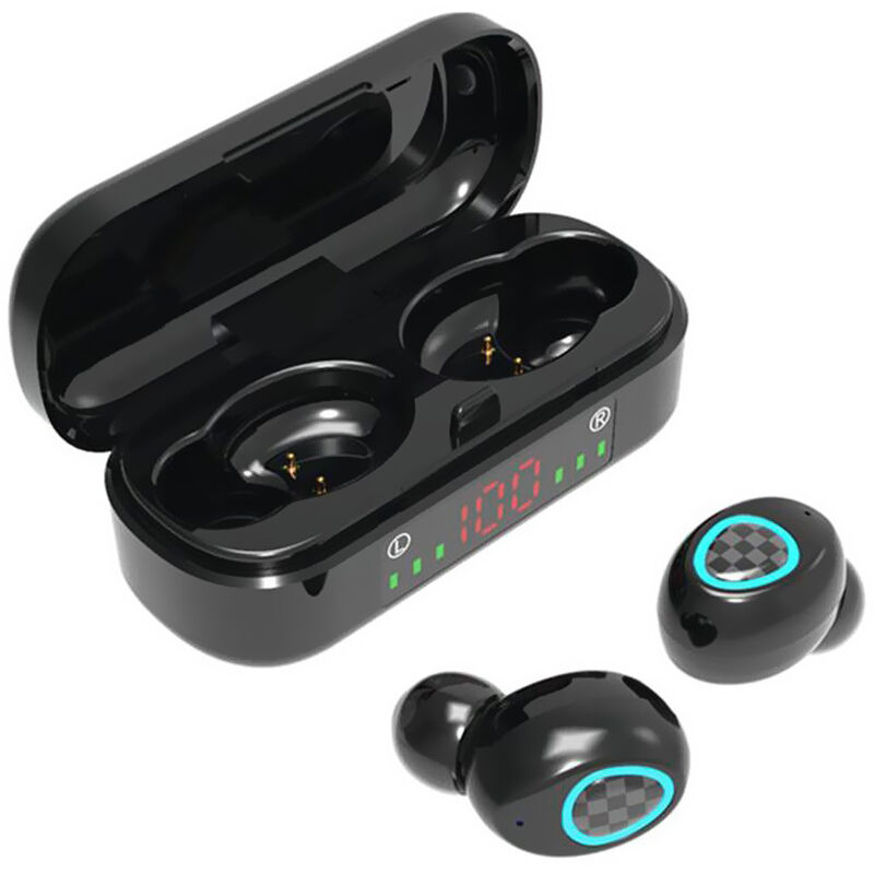 

V7 Auriculares inalambricos BT5.0 Auriculares deportivos internos de baja latencia con pantalla LED Boton de control tactil inteligente Negro, Negro