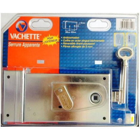 Vachette – Serrure en applique extérieure pour portail – Acier zingué bichromaté – Sens d'ouverture réversible – Fixation horizontale