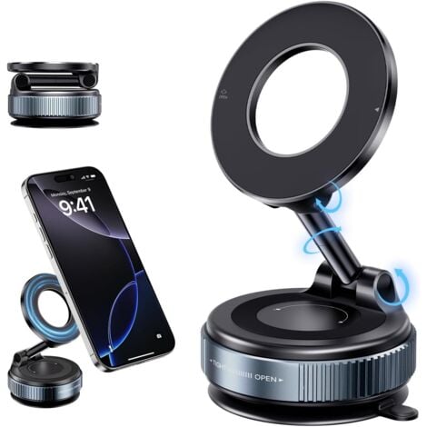 HÉLOISE Vacuum Magnetic Suction Phone Holder, Foldable and Retractable Hands-Free Suction Cup Phone Mount for Car/Gym/Mirror/Smooth Surface, Compatible with iPhone Android and All Smartphones (Black)