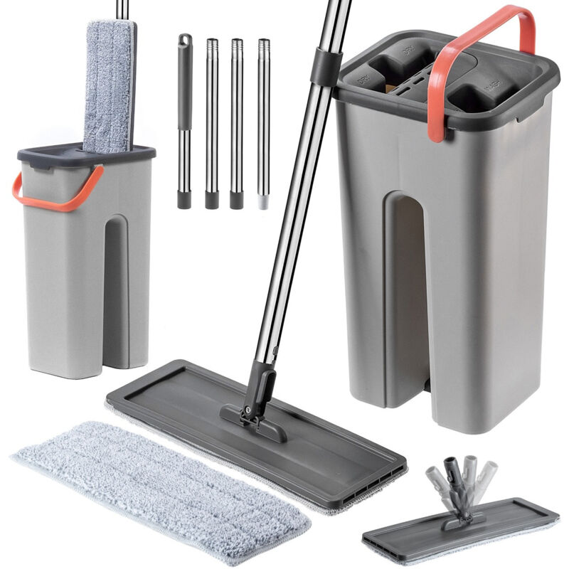 Vadrouille plate Kadax avec seau à deux chambres de 6 l, presse-agrumes pour le lavage des sols longs