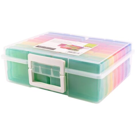 Vaessen Creative 1009-031 Scatola portaoggetti con Coperchio, Maniglie e 16 Piccoli barattoli Colorati, in plastica, per riporre Accessori Fai da Te, Foto e Altri Oggetti, 37,50 x 30 x 13 cm