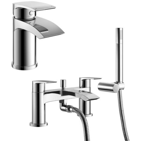 Vago Contemporary Set Of Waterfall Basin Single Lever Mixer Tap And Bath Shower Mixer Tap + Free Waste