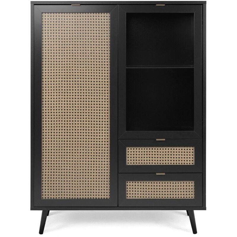 Calicosy - Vitrine Vienna53A 2 portes et 2 tiroirs noir avec façades effet tressage