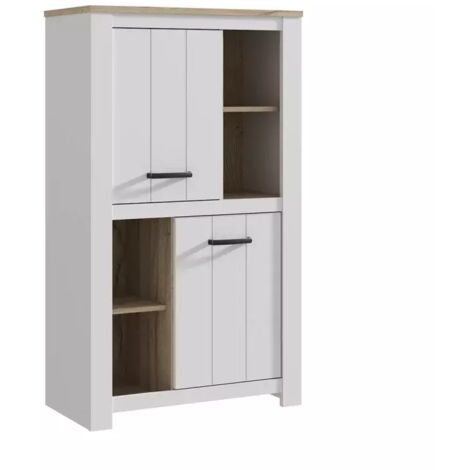 Vaisselier 2 portes 4 niches blanc mat décor bois poignées noir - LEANE