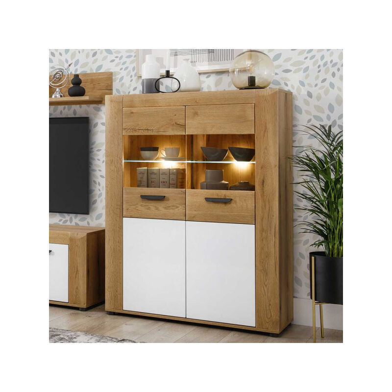 TMM - Vaisselier 2 portes Blanc/Bois clair à Led - aboki - l 99 x l 40 x h 136 cm