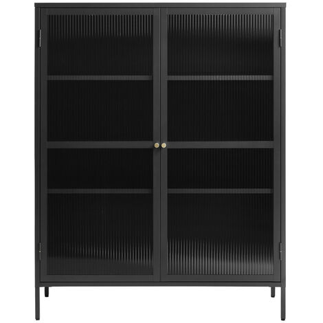 Vaisselier 2 portes en verre strié et métal H140cm - Noir - BJORN