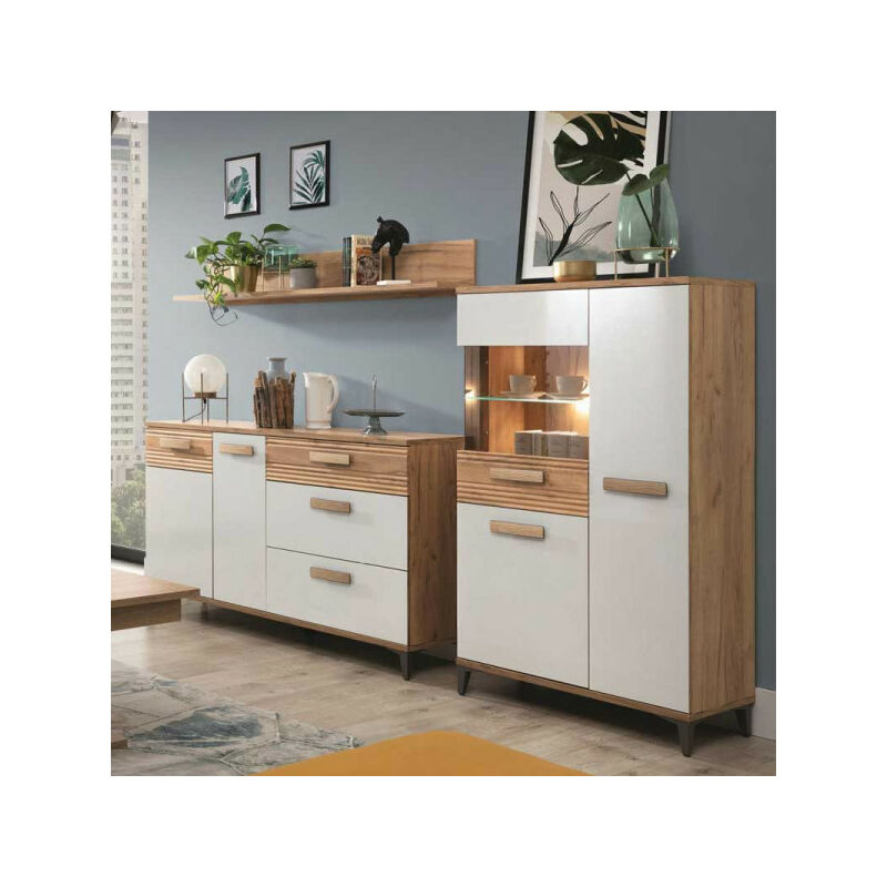 Vaisselier 3 portes battantes à leds Chêne Miel/Blanc - APODIS - L 85 x l 39.5 x H 145 cm