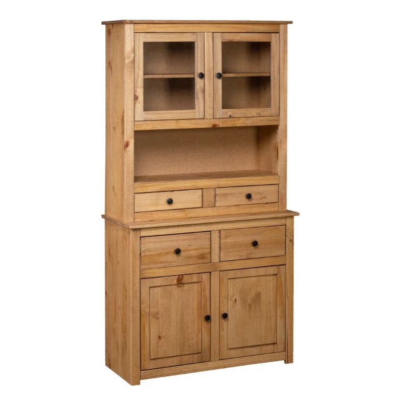 Les Tendances – Vaisselier pin massif clair 93 cm – 4 portes vitrées et pleines – 4 tiroirs – Finition vernie élégante – Dimensions 93x40,5x180 cm