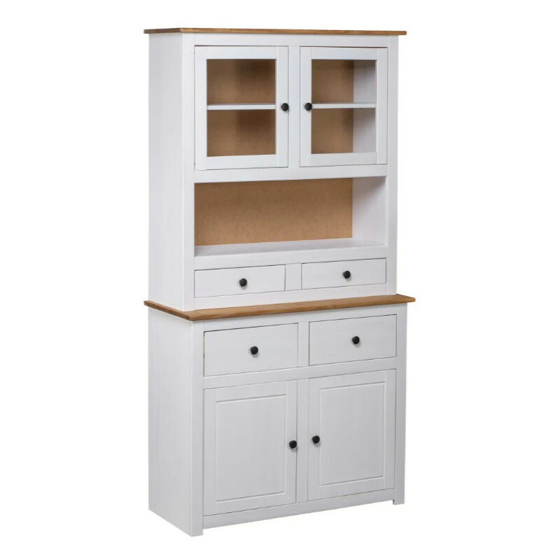 Les Tendances – Vaisselier blanc 93 cm en pin massif – 4 portes vitrées et 4 tiroirs – Design rustique avec finitions soignées – Rangement élégant